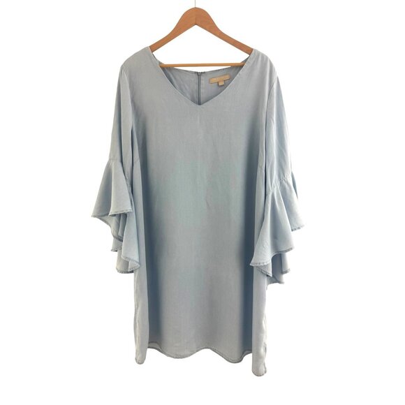 Light Blue Challis V-Neck Bell Sleeve Shift Dress Size 22W 3X Plus Size Fall - Picture 3 of 9